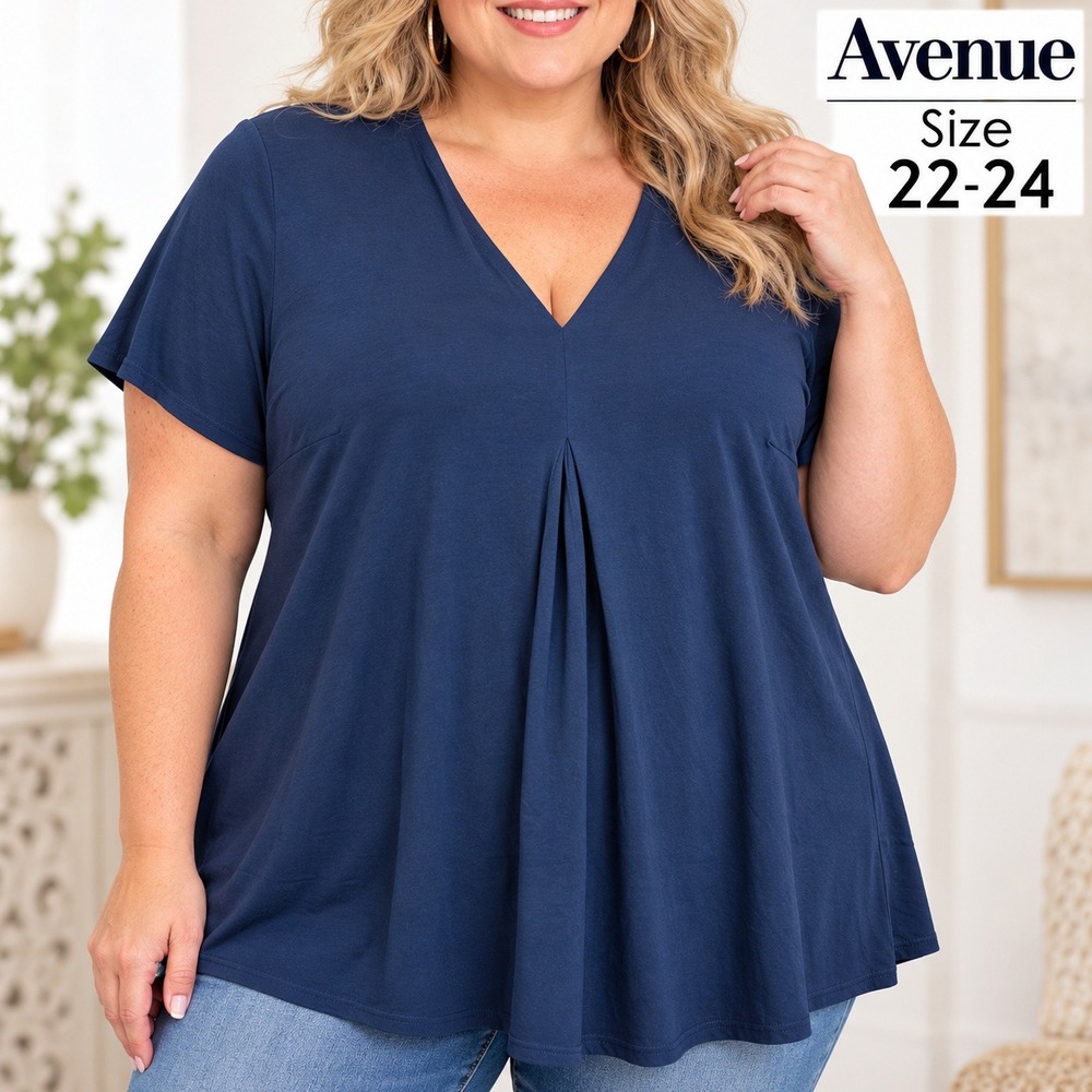 Avenue Navy Blue V-Neck Pleated Front Short Sleeve Top Plus Size 22/24